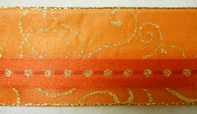 Nastro Organza Animato "Onde" Arancio/Oro - 40 mm