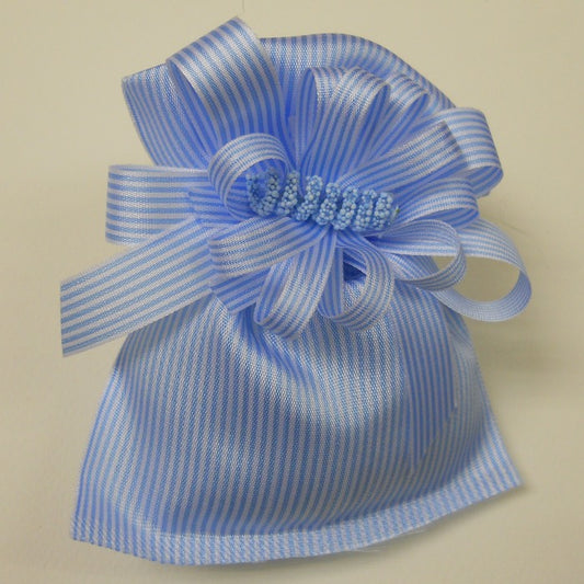 Sacchetto portaconfetti Millerighe in raso azzurro/bianco — 5 pezzi