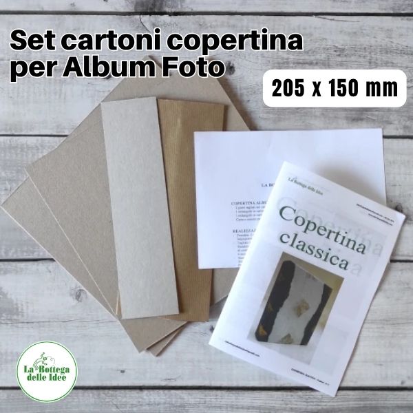 Set cartoni copertina per album 205×150 mm: due piatti in cartone grigio 207×160 mm, dorsino e carta Kraft