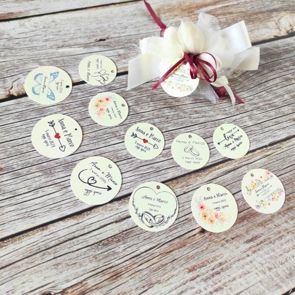 Tag rotondi decorativi per bomboniere matrimonio
