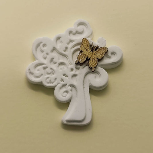Albero della vita in gesso bianco con farfallina in legno per confezione bomboniere