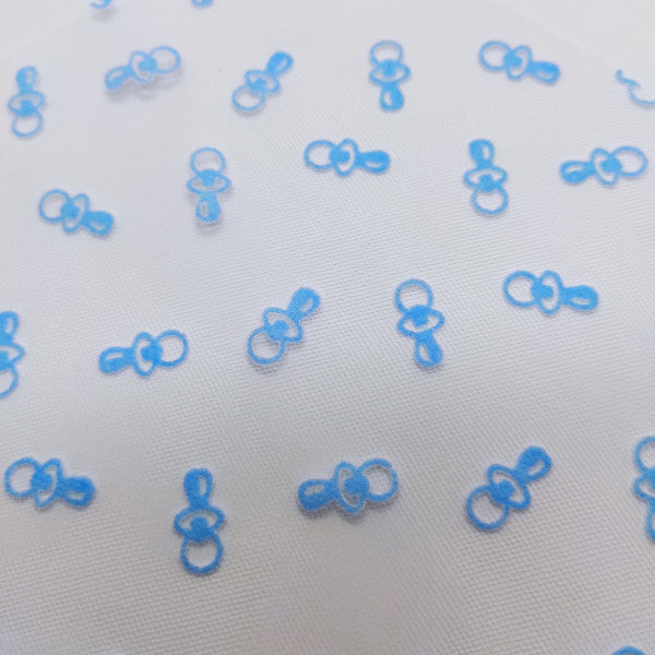 Tulle floccato con motivo "ciucci" per bomboniere battesimo - colore azzurro