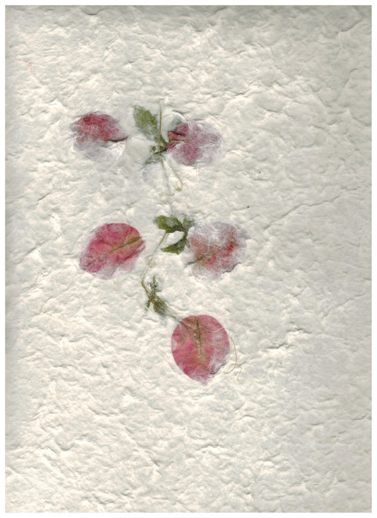Carta di gelso artigianale con rametti fioriti, petali rosa e foglie su fondo bianco latte-avorio