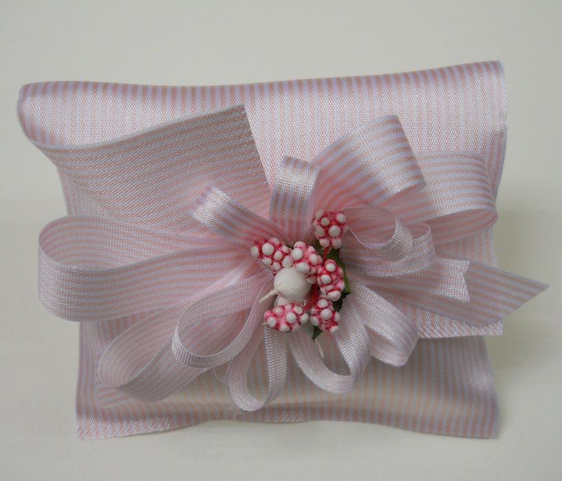 Sacchetto portaconfetti Millerighe in raso rosa/bianco — 5 pezzi 